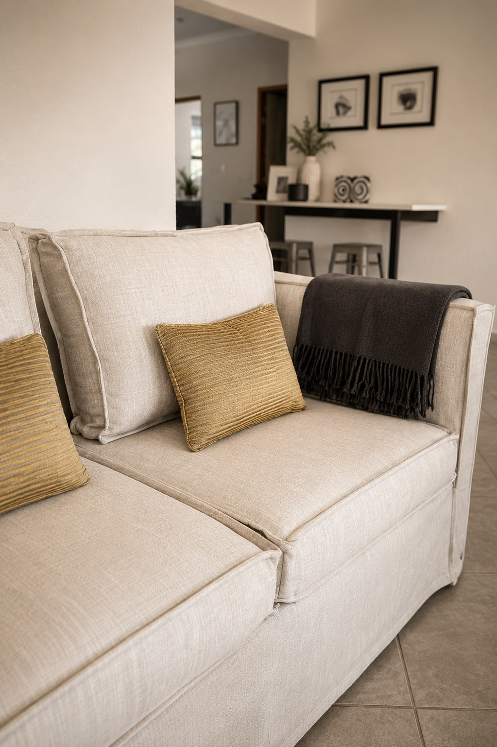 Linen sofa detail with cushions and throw