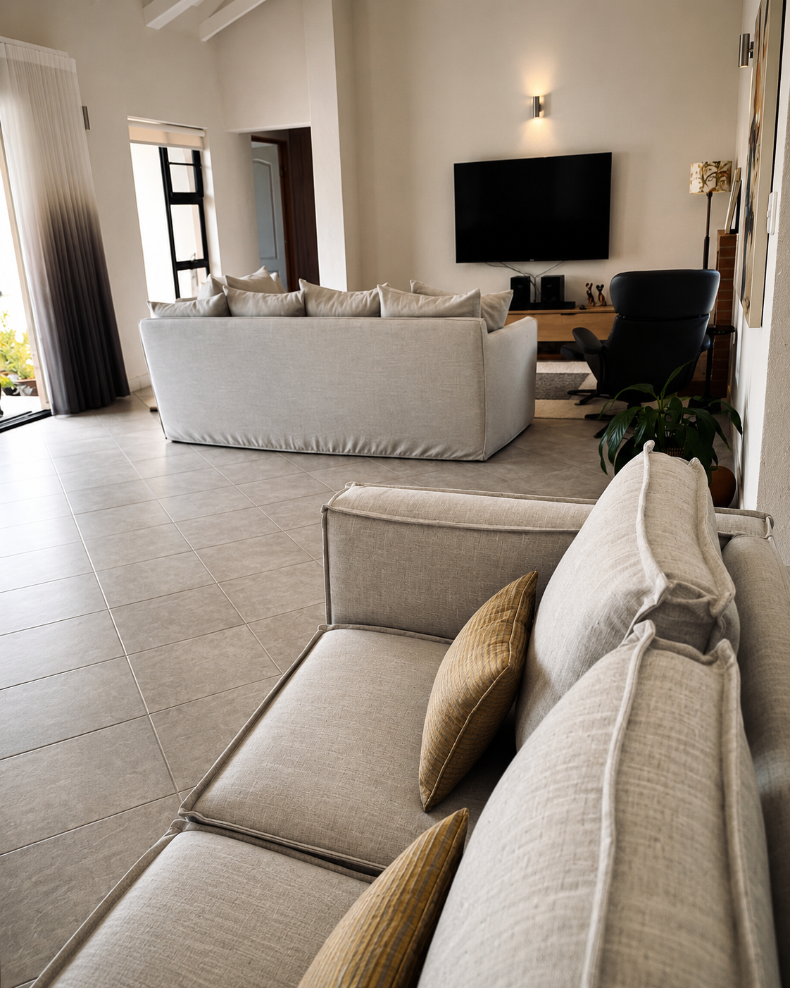 Bespoke linen sofa in a Hoedspruit living room